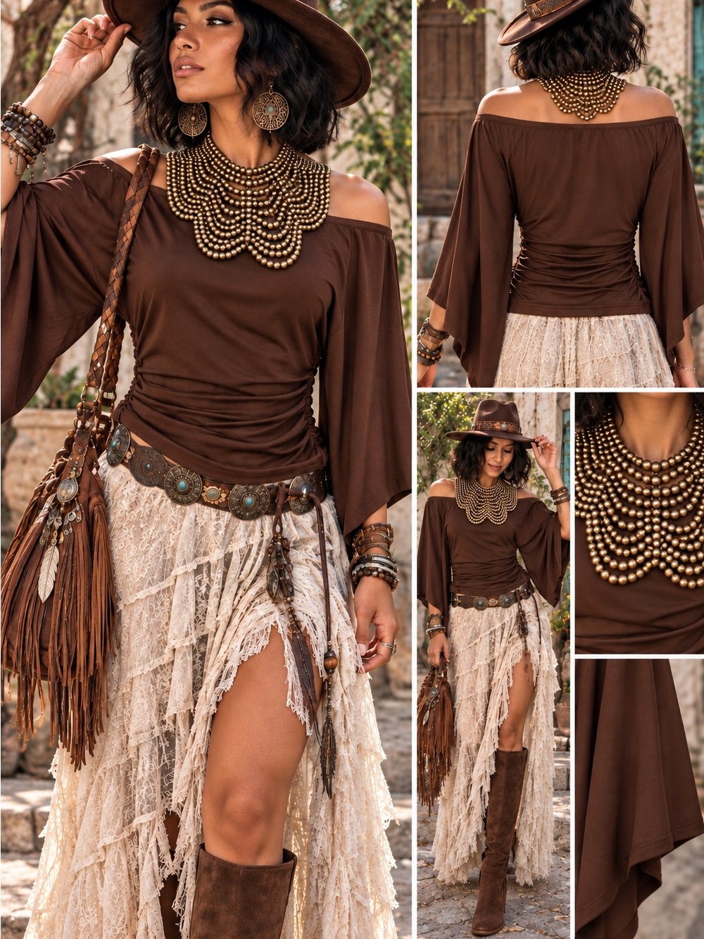 Women's Off-Shoulder Brown Ruched Boho Blouse